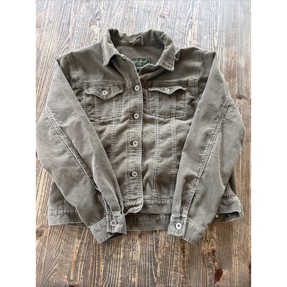 VTG Eddie Bauer Japan Import Olive Green Corduroy Trucker Jacket Shacket Women L